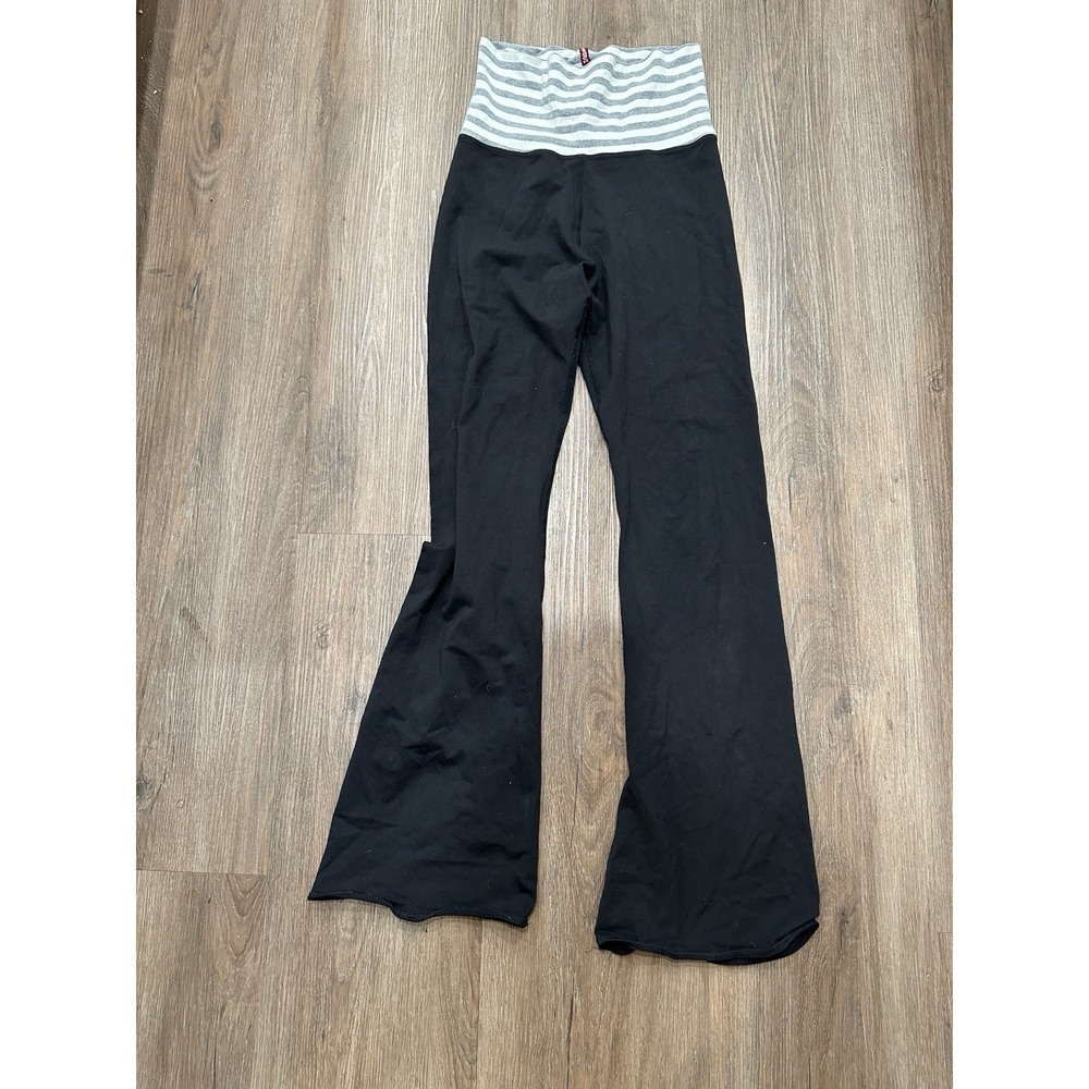 Vintage Hard Tail Black Flared Leggings with Gray Stripe Waistband